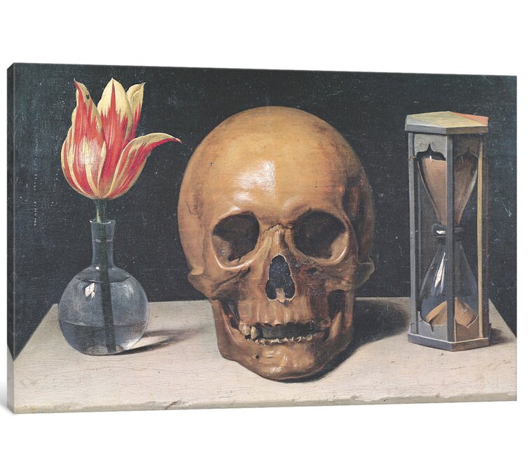 'Vanitas Still Life with a Tulip, Skull and Hour-Glass' Painting Print on  Canvas